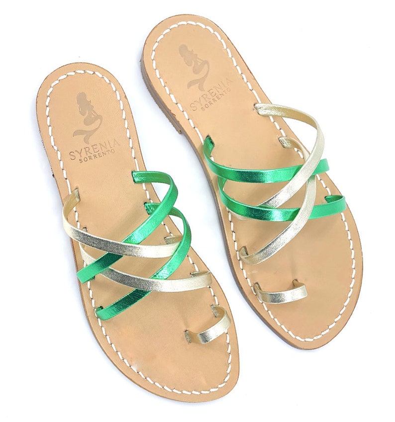 Syrenia Women's Flat Capri Sandals in Green Gold Metallic leather, Hand-Made in Sorrento, Made to Order image 1