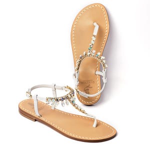Handmade Capri jewel sandals with white CRYSTAL and white leather - Jewel sandals in white leather
