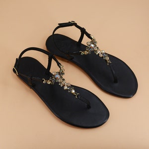 Syrenia Women's Flat jewel Sandals in Gold Black leather, amber crystal, Hand-Made in Sorrento, Made to Order image 5