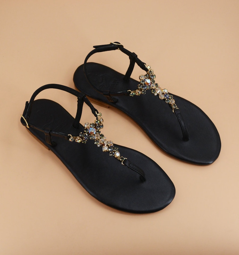 Syrenia Women's Flat jewel Sandals in Gold Black leather, amber crystal, Hand-Made in Sorrento, Made to Order image 5