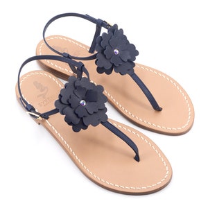 Blue Capri Sandals with leather flowers, handmade in Italy, Sorrento, Flip-flops with blue leather flower, crystal light point