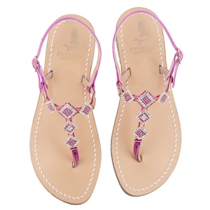 Fuchsia Crystal Capri Sandals with laminate leather Handmade in Italy - Fuchsia Capri jewel sandals