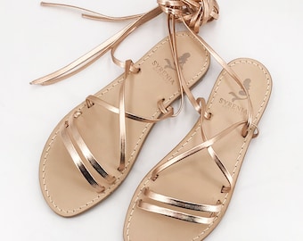 Gladiators Capri sandals pink gold leather handmade in Italy - Italian sandals laceup style