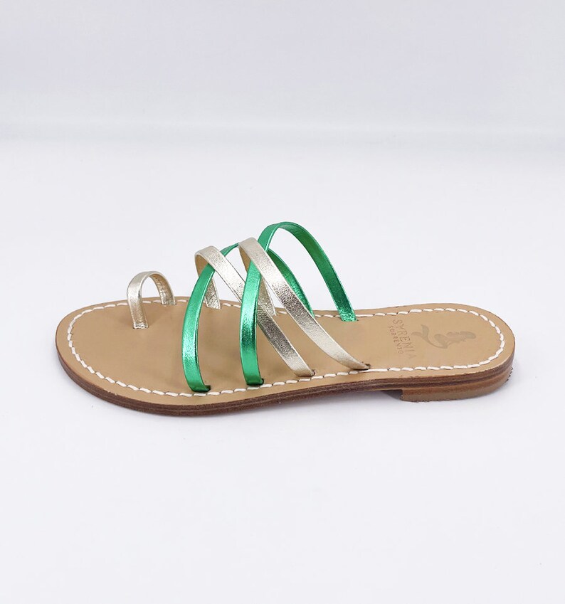 Syrenia Women's Flat Capri Sandals in Green Gold Metallic leather, Hand-Made in Sorrento, Made to Order image 2