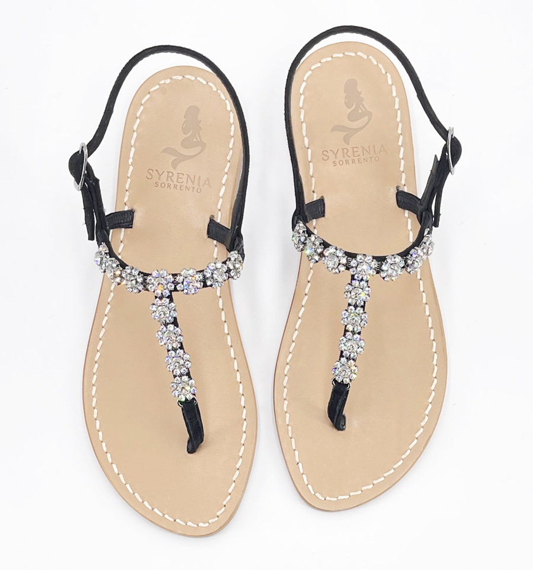 Black Crystal-embellished Leather Sandals T Bar Sandalo - Etsy