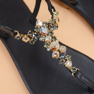 Syrenia Women's Flat jewel Sandals in Gold Black leather, amber crystal, Hand-Made in Sorrento, Made to Order image 3