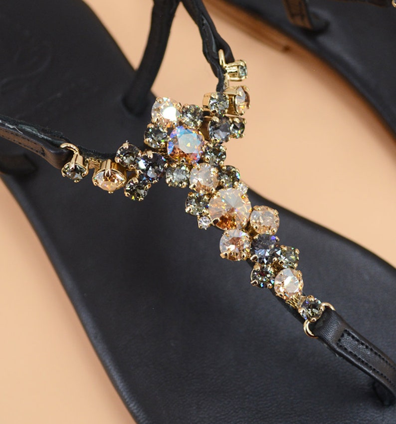 Syrenia Women's Flat jewel Sandals in Gold Black leather, amber crystal, Hand-Made in Sorrento, Made to Order image 3