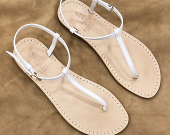 White Capri Sandals T bar - italian Flat Sandals - Capri sandals in white leather