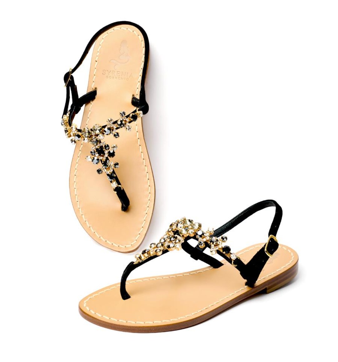 Embellished leather sandals クリスタル サンダル Capri Sandals Jeweled With Black Leather Embellished With