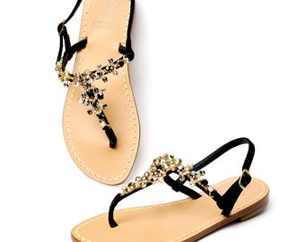 Capri Sandals Jeweled With Black Leather Embellished With