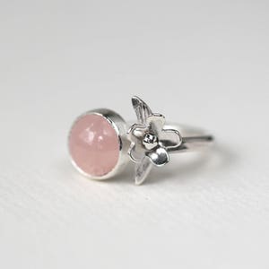 Size 6 1/2 Sterling Silver Rose Quartz Open front Ring with Flower, Handmade, Unique