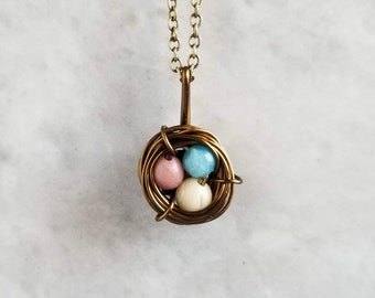 Nestling Necklace with Mixed Colored Eggs | Delicate and Unique | Bird Nests Symbolize Family, New Life & New Beginnings | FREE SHIPPING