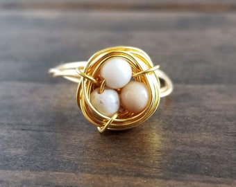 Nestling Ring with Fossilized Shell Stones | Delicate and Unique | Bird Nests Symbolize Family, New Life & New Beginnings