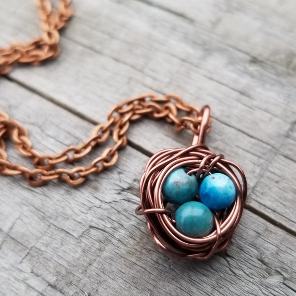 Nestling Necklace with Blue Larimar Quart Eggs | Delicate, Unique | Bird Nests Symbolize Family, New Life & New Beginnings | FREE SHIPPING