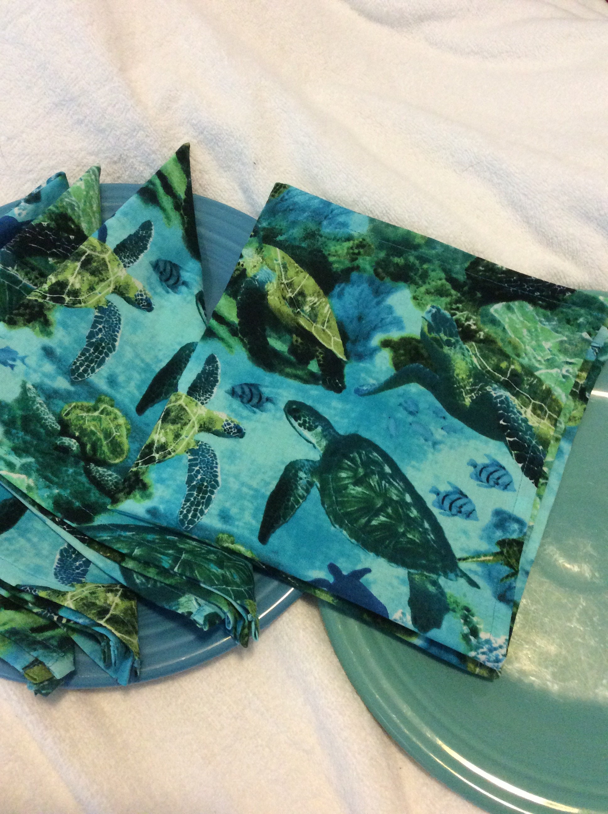 Turtle print cotton napkins set of 4 blues & greens Etsy