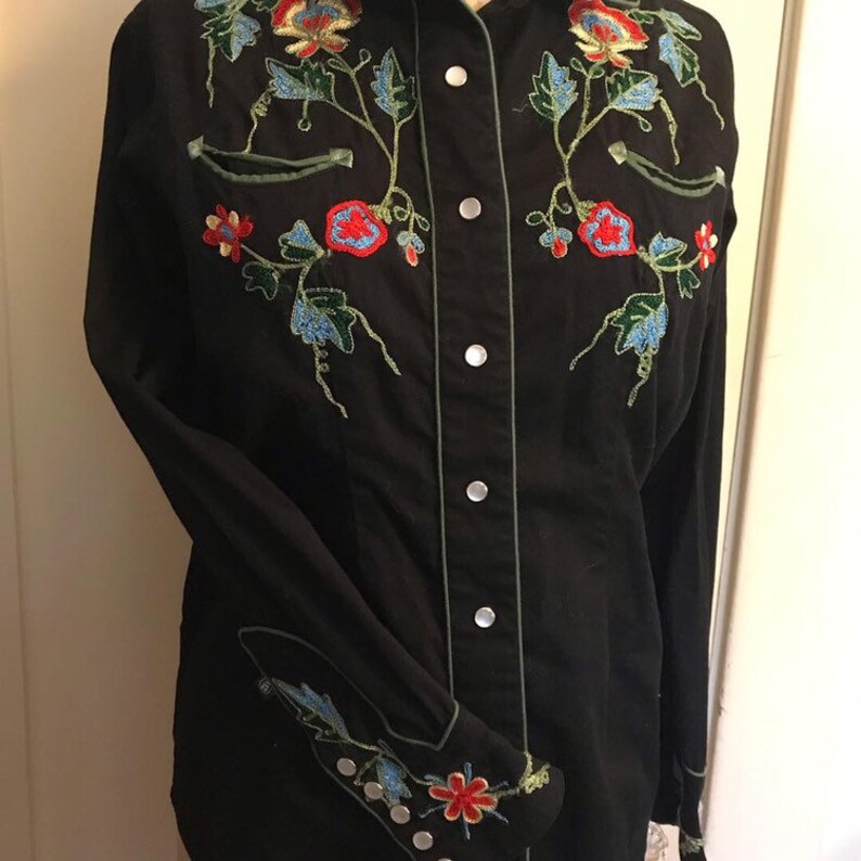 80s Rockmount western shirt floral chainstitch design black red green