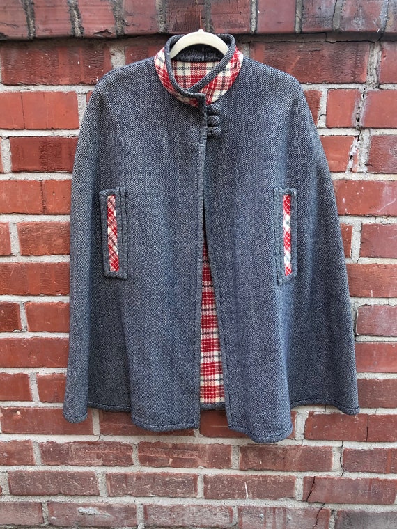 Vintage reversible herringbone and plaid wool cape