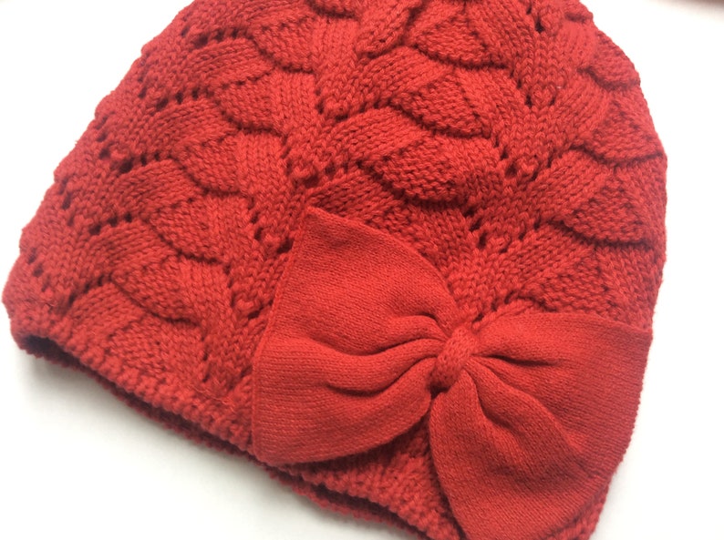 Girls Bonnet with adorable bow knitted in cherry red cotton yarn fashionable beanie with bow adorable and lined bonnet