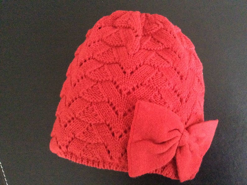 Girls Bonnet with adorable bow knitted in cherry red cotton yarn fashionable beanie with bow adorable and lined bonnet