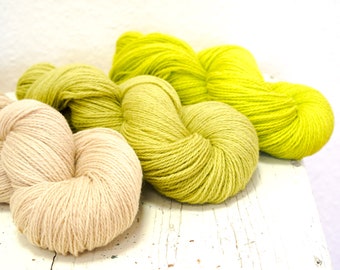 Ivory, soft green, neon green yarn - 300g./10.58 oz. - New Zealand fingering wool for hand knitting, weaving plaids, crochet square, outwear