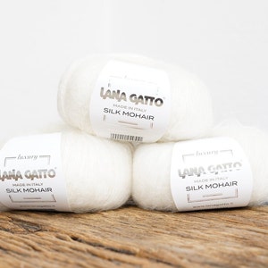 Filato di seta mohair Kid Lana Gatto Bianco - Filato di lusso 212 m/25 g - Filato di seta mohair pizzo bianco - Filato per maglieria fine - Filato per scialli di lusso - 6027