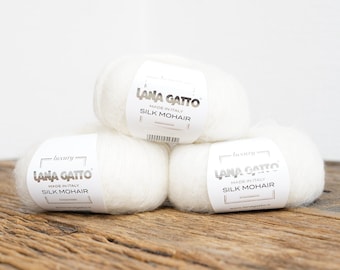 White Italian Yarn | Lana Gatto Kid Mohair Silk | Luxury Lace Yarn | Sweaters, Dresses, Shawls | 25g / 0.88oz