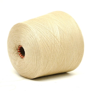 May include: A large spool of beige yarn, tightly wound with visible thread lines. The center hole reveals a red and white striped core. Ideal for knitting, crocheting, or other fiber crafts.