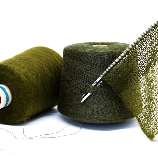 Moss Green Mohair Silk Yarn Set: Italian Lace Weight Knitting & Crochet