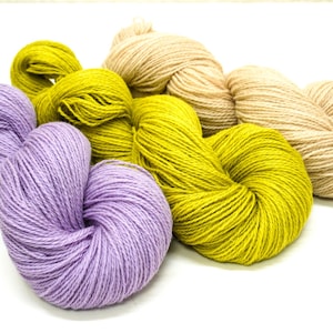 Lilac, soft green, ivory wool yarn - 300g./10.58 oz. - New Zealand fingering wool for hand knitting, weaving plaids, crochet square, socks