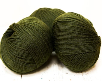 May include: Three balls of dark green yarn, likely wool, are arranged on a white surface. The yarn is tightly wound and has a smooth texture.