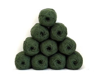 May include: A pyramid arrangement of ten round balls of dark olive green yarn. Each ball of yarn features a textured, wound fiber construction with a visible center opening, stacked in a triangular formation against a plain white background.