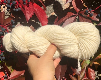 May include: A skein of natural white yarn, held in a hand against a backdrop of red and green leaves.