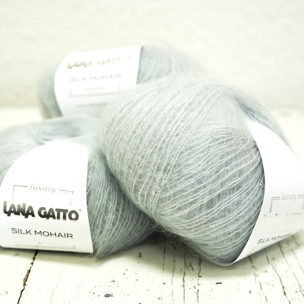 Fil de soie mohair bleu argenté - 212 m/25 g Fil de luxe - Lana Gatto Lace laine mohair fil pour tricot fin, châles, pulls fins - 6033