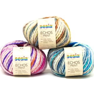 May include: Three balls of Sesia Echos Print yarn in various colours. The yarn is a blend of wool and alpaca. The colours include purple, pink, blue, and brown. Each ball has a label with the Sesia logo and yarn details.