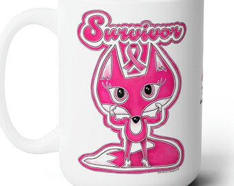 Breast Cancer Survivor Mug | Cancer Encouragement Mug | Retro Pink Fox Cancer Survivor Mug | Pink Fox with Breast Cancer Awareness Ribbon