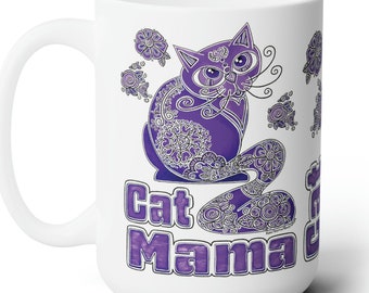 Purple Cat with Flowers Coffee Mug | Mother's Day Gift for Cat Mom | Boho Cat Mama Mug | Purple Cat Mama Mother's Day Mug