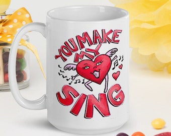 You Make My Heart Sing Valentine Mug | Cartoon Heart with Wings Valentine Mug | Heart Sing Coffee Cup