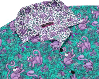 Purple Cats & Fairies Button Down Shirt | Cat Butt Hole Fun Shirt | Purple and Pink Fairies