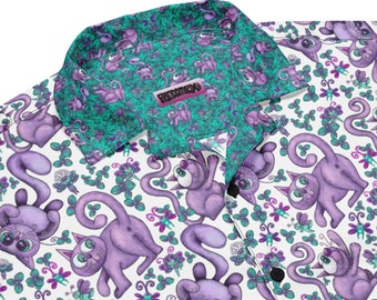 Purple Cats Button Down Shirt | Turquoise Flying Fairies Unisex Shirt | Purple Cat Butt Hole Fun Shirt