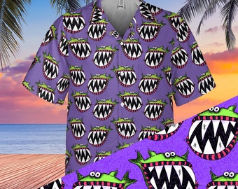 Monster Fish Hawaiian Shirt | Cartoon Green Fish on Purple Shirt with Pocket | Rock and Roll Attire