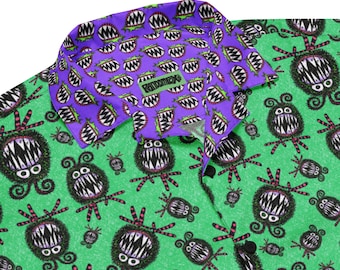 Funny Monster with Sharp Teeth Pattern on Button Down Shirt | Casual Green and Purple Shirt with Cartoon Monsters | Fun Gift for Girl or Guy