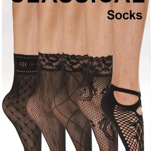 May include: An image showcasing several pairs of black socks with diverse patterns, including fishnet and lace detailing. The text "CLASSICAL Socks" is displayed at the top of the image.