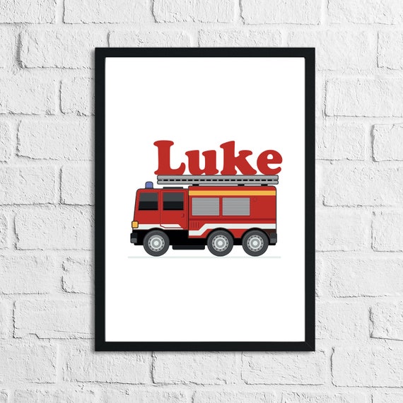 Cartoon Fire Engine Any Name Personalised Childrens Framed Canvas Photo Wall Art 