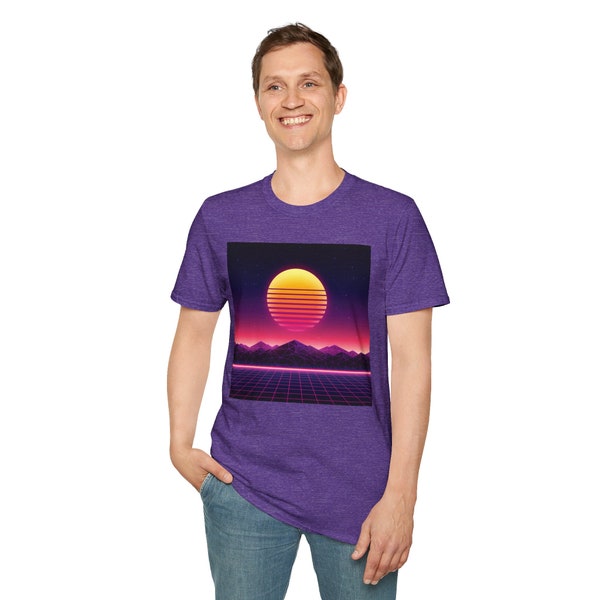 Retro Sunset T-Shirt, unisex colorful top. Sun over mountains, graphic shirt