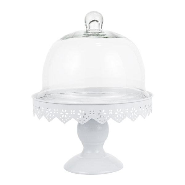 Round Metal Cake and Pastry Stand with Glass Dome Lid – Display Stand for Cakes up to 8"W and Pastries, Pedestal 5.75"H - White