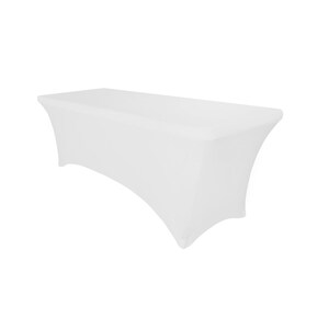 May include: White fitted table cover for a rectangular table. The cover is made of stretchy fabric and fits snugly over the table.