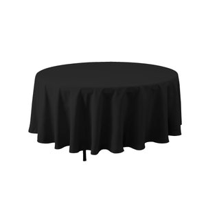 May include: A black round tablecloth. The tablecloth is smooth and has a slight sheen.