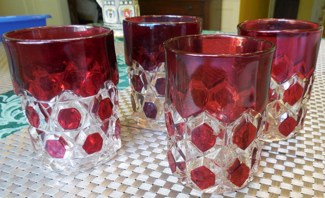 4 Antique Ruby Stained EAPG Pattern Glass Red Block Tumblers - Etsy