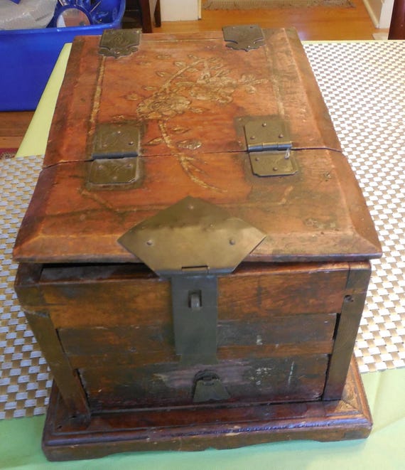 Antique Chinese Jewelry Box Dressing Case W/Folding Mirror & Drawers
