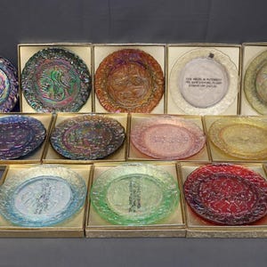 Imperial Glass 'Twelve Days of Christmas' Iridescent Collector Plates, 1970s